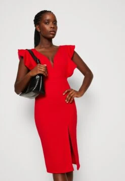 Wal G V Neck Ruffle Sleeve Midi Dress - Jerseyjurk - Red/Fushia -Selecteer Dameswinkels 2e52c3746fb7449e96ed821a187d5595