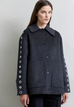Sandro Oversize Double Face Coat With Eyelet - Halflange Jas - Gris Foncé