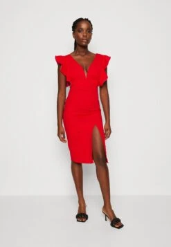 Wal G V Neck Ruffle Sleeve Midi Dress - Jerseyjurk - Red/Fushia